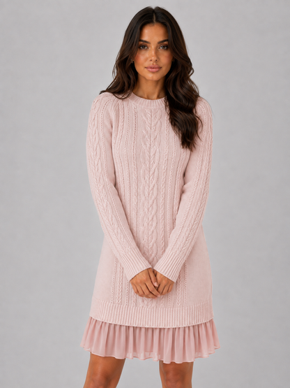 Women’s Cable Knit Sweater Dress – Pleated Hem Mini Style - Pink / S - Mini Dress