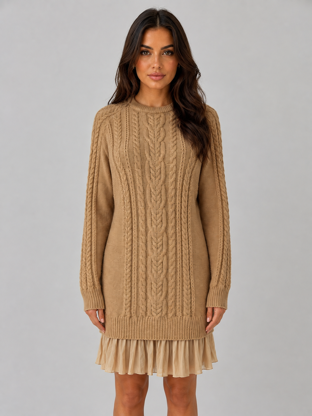Women’s Cable Knit Sweater Dress – Pleated Hem Mini Style - Khaki / S - Mini Dress