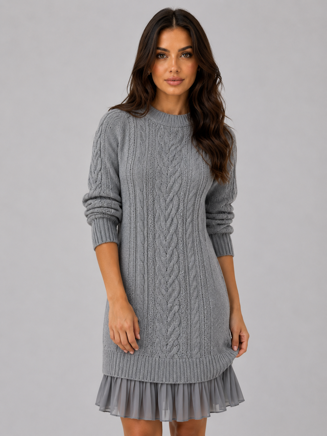 Women’s Cable Knit Sweater Dress – Pleated Hem Mini Style - Grey / S - Mini Dress
