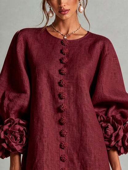 Robe Mini Boutonnée Bordeaux à Motifs Floraux et Poignets Floraux Sculpturaux