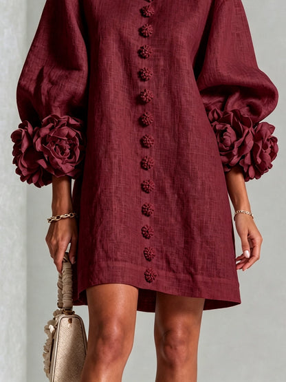 Robe Mini Boutonnée Bordeaux à Motifs Floraux et Poignets Floraux Sculpturaux