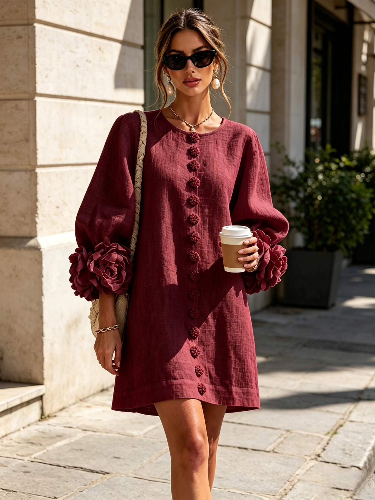 Robe Mini Boutonnée Bordeaux à Motifs Floraux et Poignets Floraux Sculpturaux