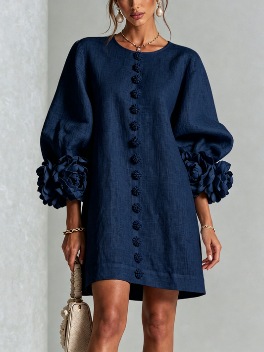 Robe Mini Boutonnée Bleu Marine à Motifs Floraux avec Poignets Floraux Sculpturaux