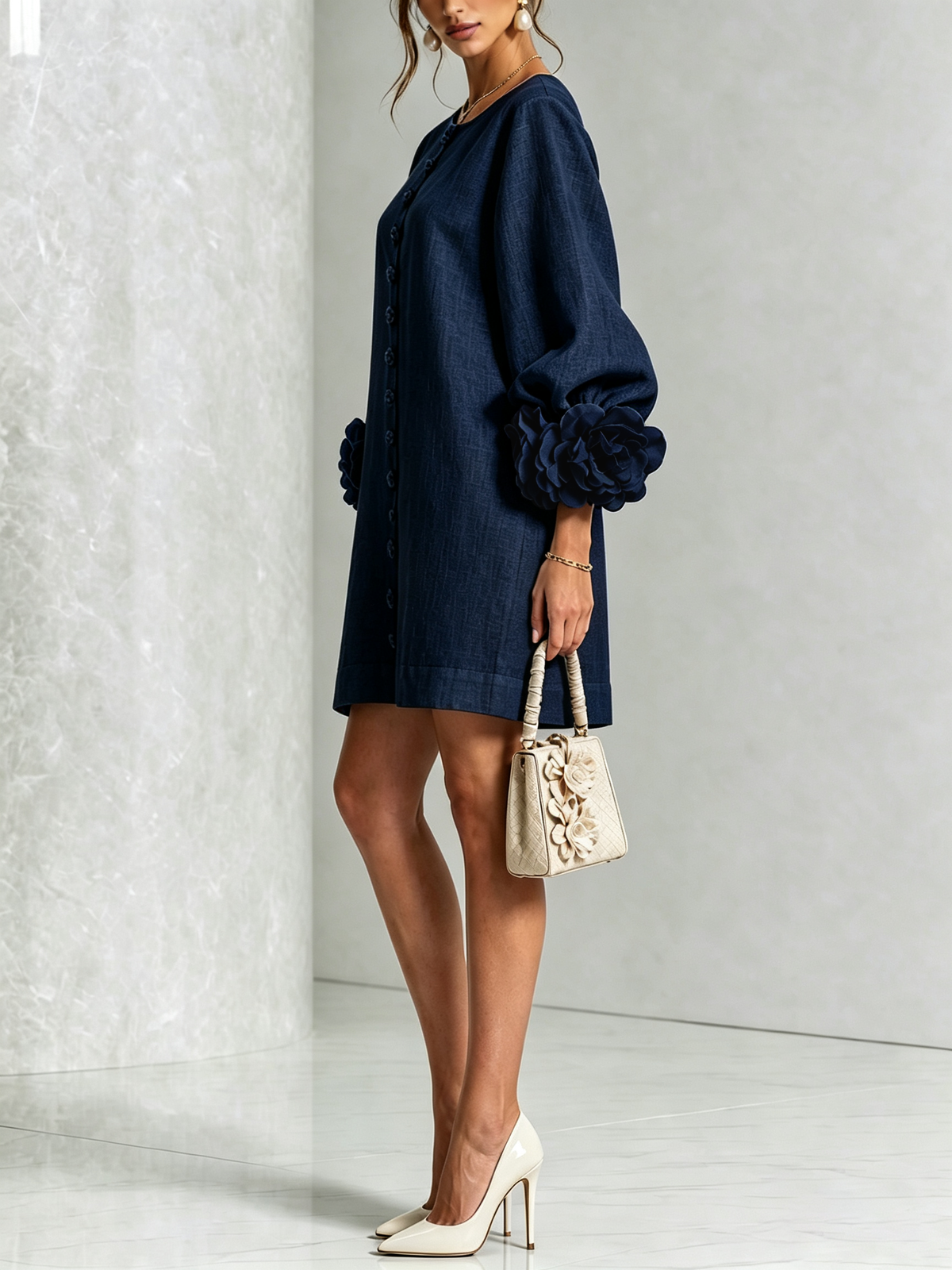 Robe Mini Boutonnée Bleu Marine à Motifs Floraux avec Poignets Floraux Sculpturaux