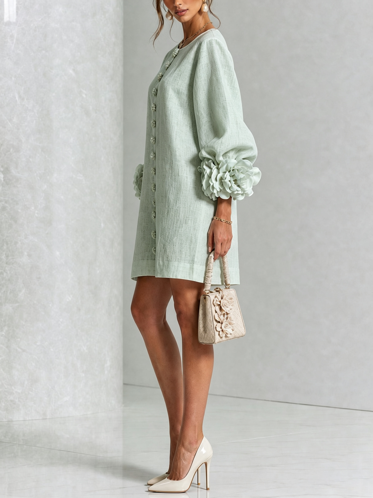 Robe Mini Boutonnée Sauge Brume à Motifs Floraux avec Poignets Floraux Sculpturaux