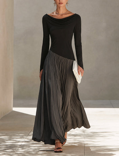 Robe longue plissée bicolore noire et grise en patchwork avec décolleté drapé