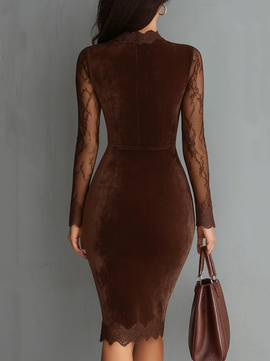 Robe mini en velours marron vintage à encolure en trou de serrure et manches en dentelle