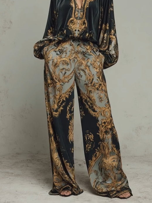 Ensemble décontracté composé d'un haut à imprimé floral baroque orné et d'un pantalon à jambes larges