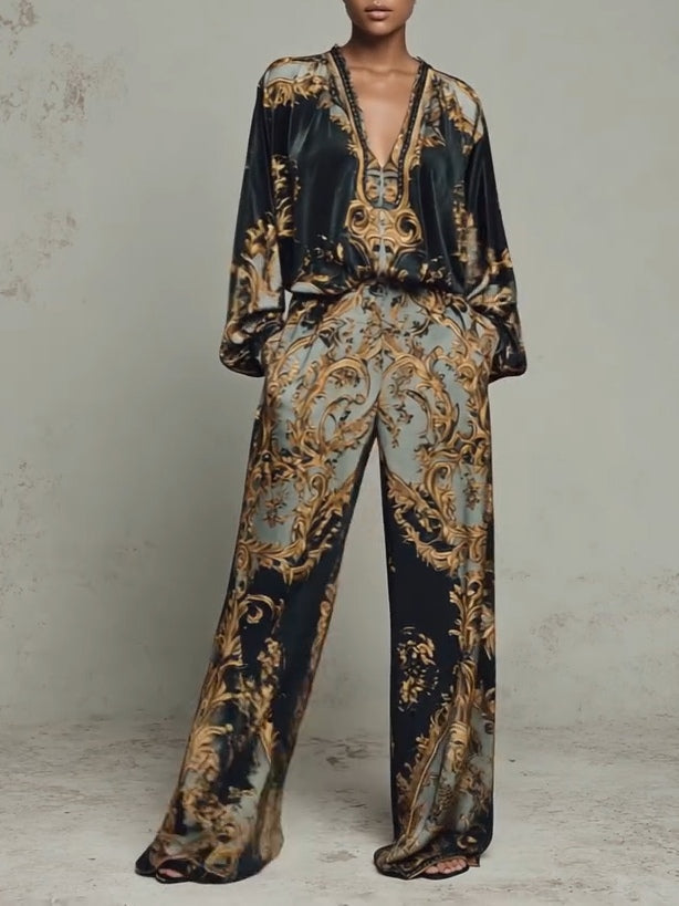 Ensemble décontracté composé d'un haut à imprimé floral baroque orné et d'un pantalon à jambes larges