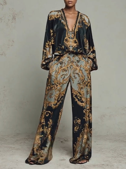 Ensemble décontracté composé d'un haut à imprimé floral baroque orné et d'un pantalon à jambes larges
