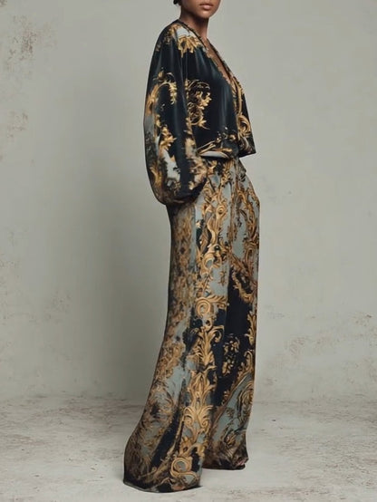 Ensemble décontracté composé d'un haut à imprimé floral baroque orné et d'un pantalon à jambes larges