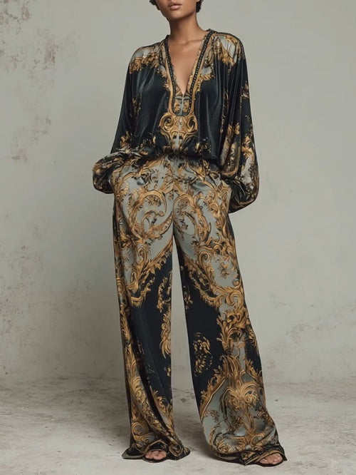 Ensemble décontracté composé d'un haut à imprimé floral baroque orné et d'un pantalon à jambes larges