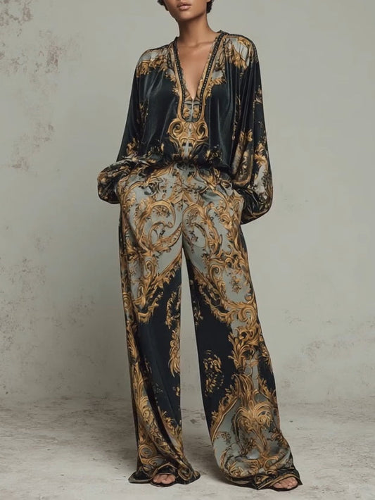 Ensemble décontracté composé d'un haut à imprimé floral baroque orné et d'un pantalon à jambes larges