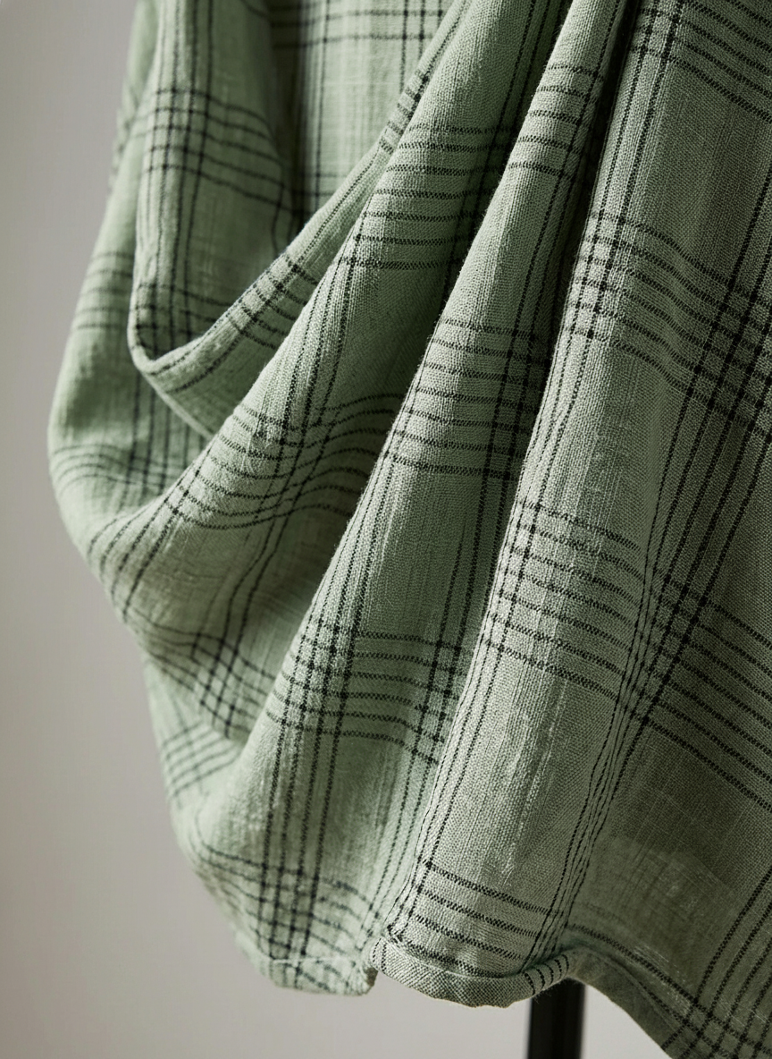 Women's Retro Casual Plaid Print Cotton Linen Shirt Long Sleeve Midi Dress