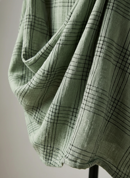 Women's Retro Casual Plaid Print Cotton Linen Shirt Long Sleeve Midi Dress