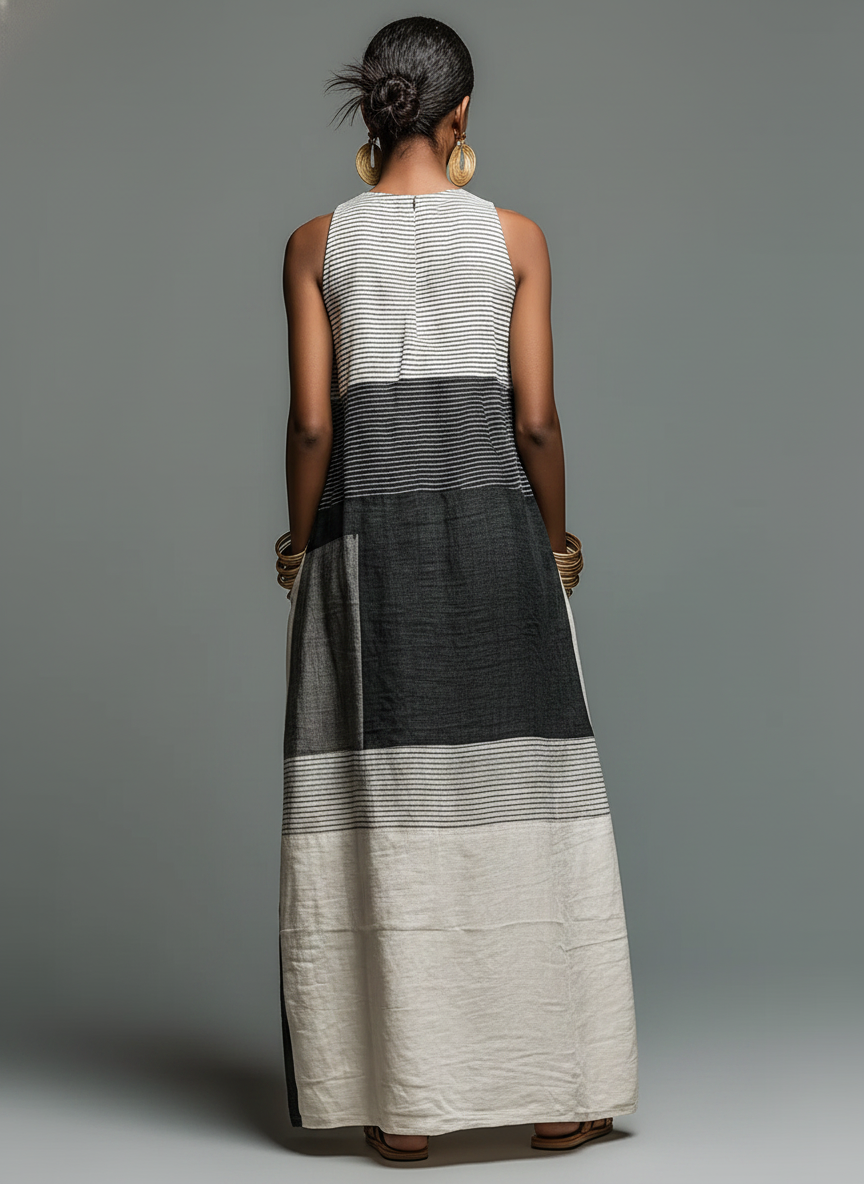 Women's Linen-Blend Color Block Striped Sleeveless Maxi Dress With Pockets