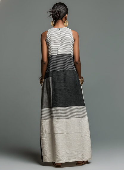 Women's Linen-Blend Color Block Striped Sleeveless Maxi Dress With Pockets