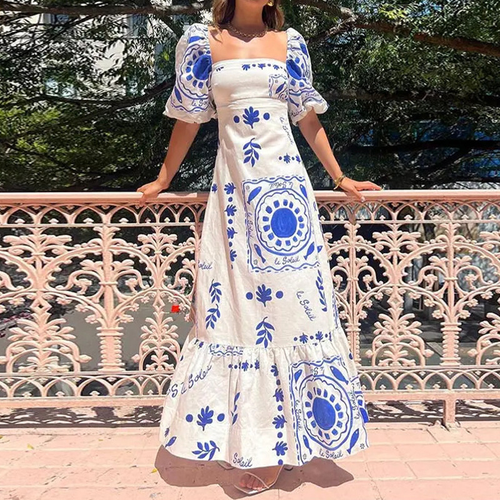 Robe longue à col carré, manches bouffantes, imprimé unique, mélange lin