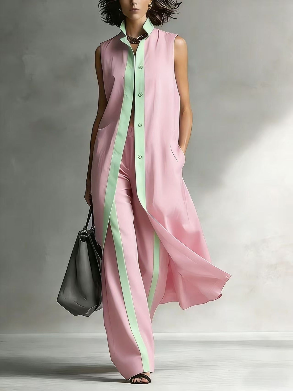 Contrast Sleeveless Tunic & Wide-Leg Pants Set Modern Sophistication, Effortless Tailored Style