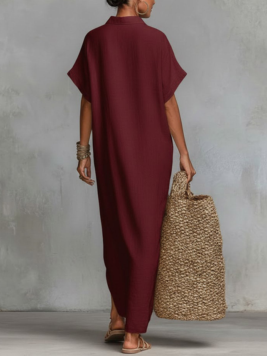 Robe décontractée ample en lin pour femme, unie, à col et à manches courtes
