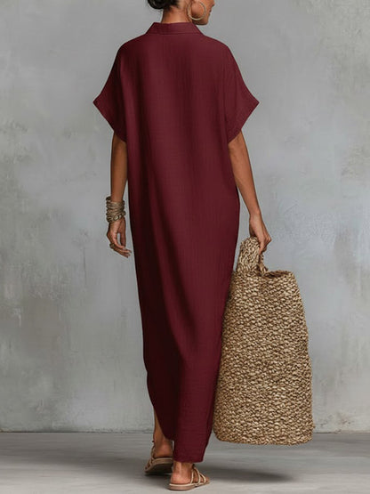 Robe décontractée ample en lin pour femme, unie, à col et à manches courtes