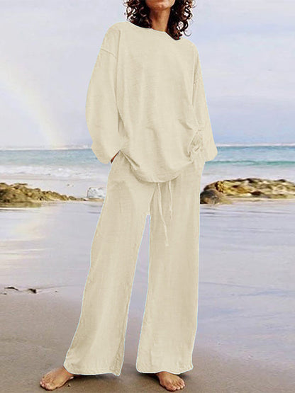Ensemble deux pièces : haut chemise à manches longues ample col rond couleur unie + pantalon à cordon taille