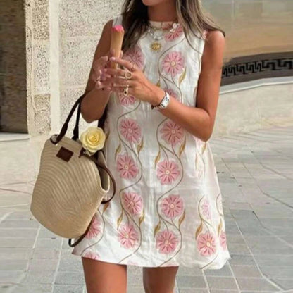 Élégante robe mini femme d’été, col rond sans manches, coupe ample, imprimé floral, style bohème‑chic, idéale pour les vacances et les soirées