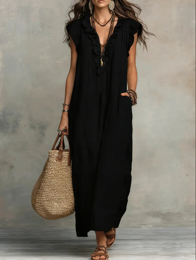 Robe maxi en lin bohème à col V à volants