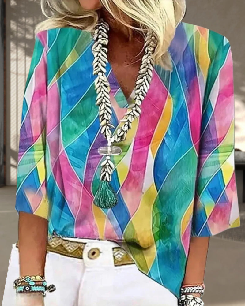 Blouse à col V à couleurs contrastées