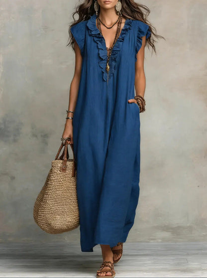 Robe maxi en lin bohème à col V à volants