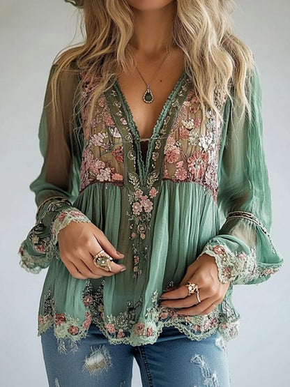 Blouse à manches longues semi‑transparente à col V à motif floral