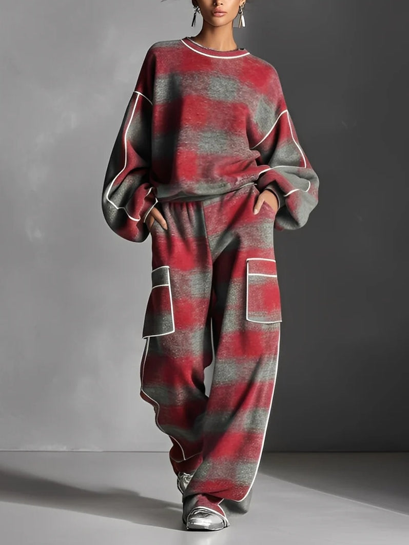 Ensemble deux pièces : sweat à blocs de couleur à carreaux rouge et gris et pantalon décontracté