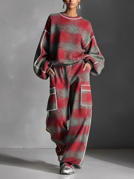 Ensemble deux pièces : sweat à blocs de couleur à carreaux rouge et gris et pantalon décontracté