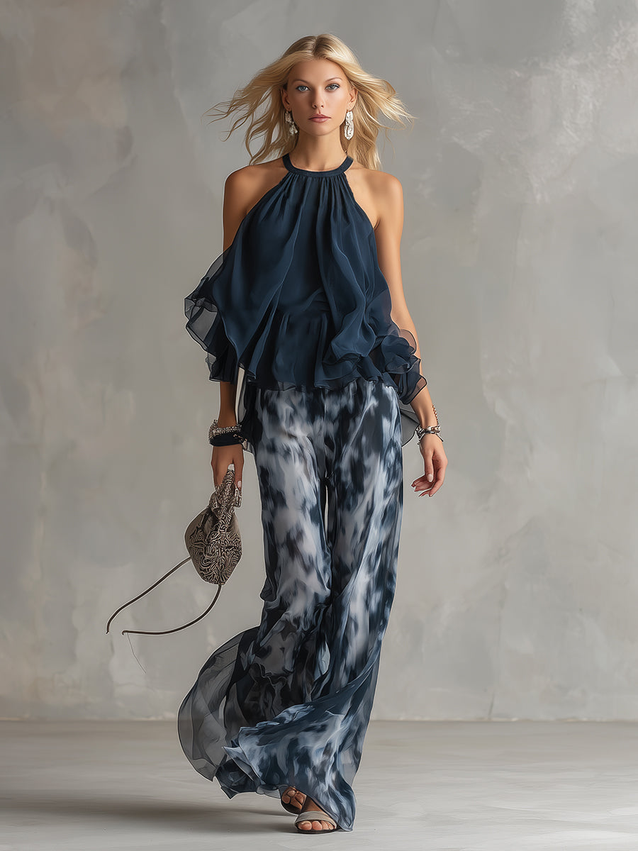 Ensemble en mousseline : haut élégant bleu marine urbain à col licou et pantalon large à imprimés