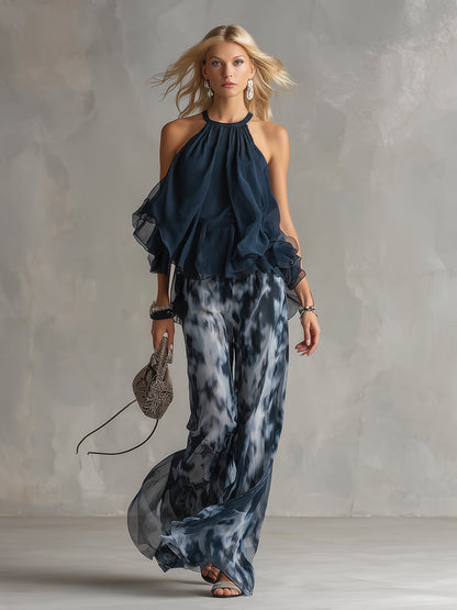 Ensemble en mousseline : haut élégant bleu marine urbain à col licou et pantalon large à imprimés