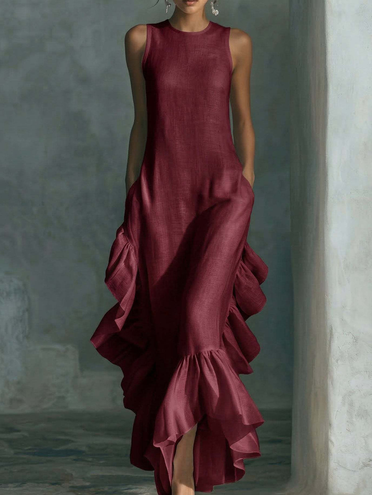 Robe longue maxi en lin sans manches à volants