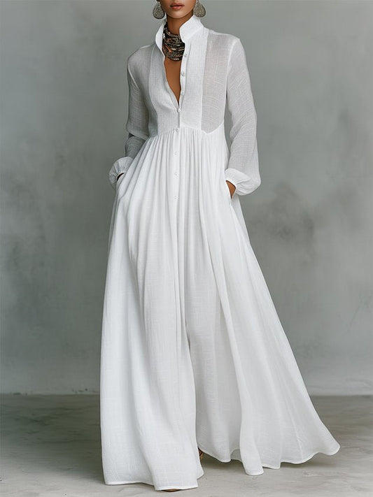 Robe maxi décontractée en coton et lin, taille haute, col montant, pour le quotidien