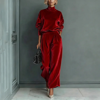 Ensemble haut à manches longues col roulé en velours élégant et pantalon large décontracté avec poches