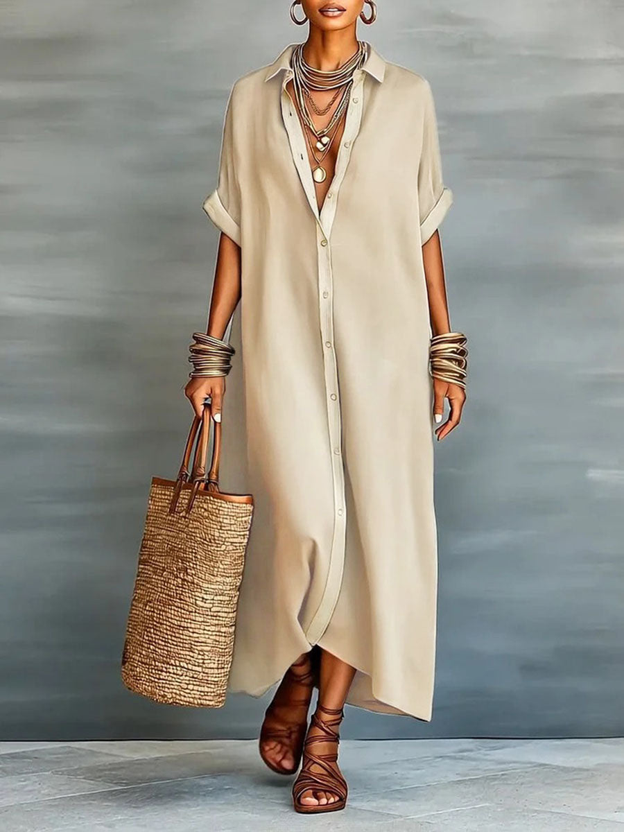 Robe longue à revers, à manches courtes amples, avec boutons, poches et coutures‑fendues