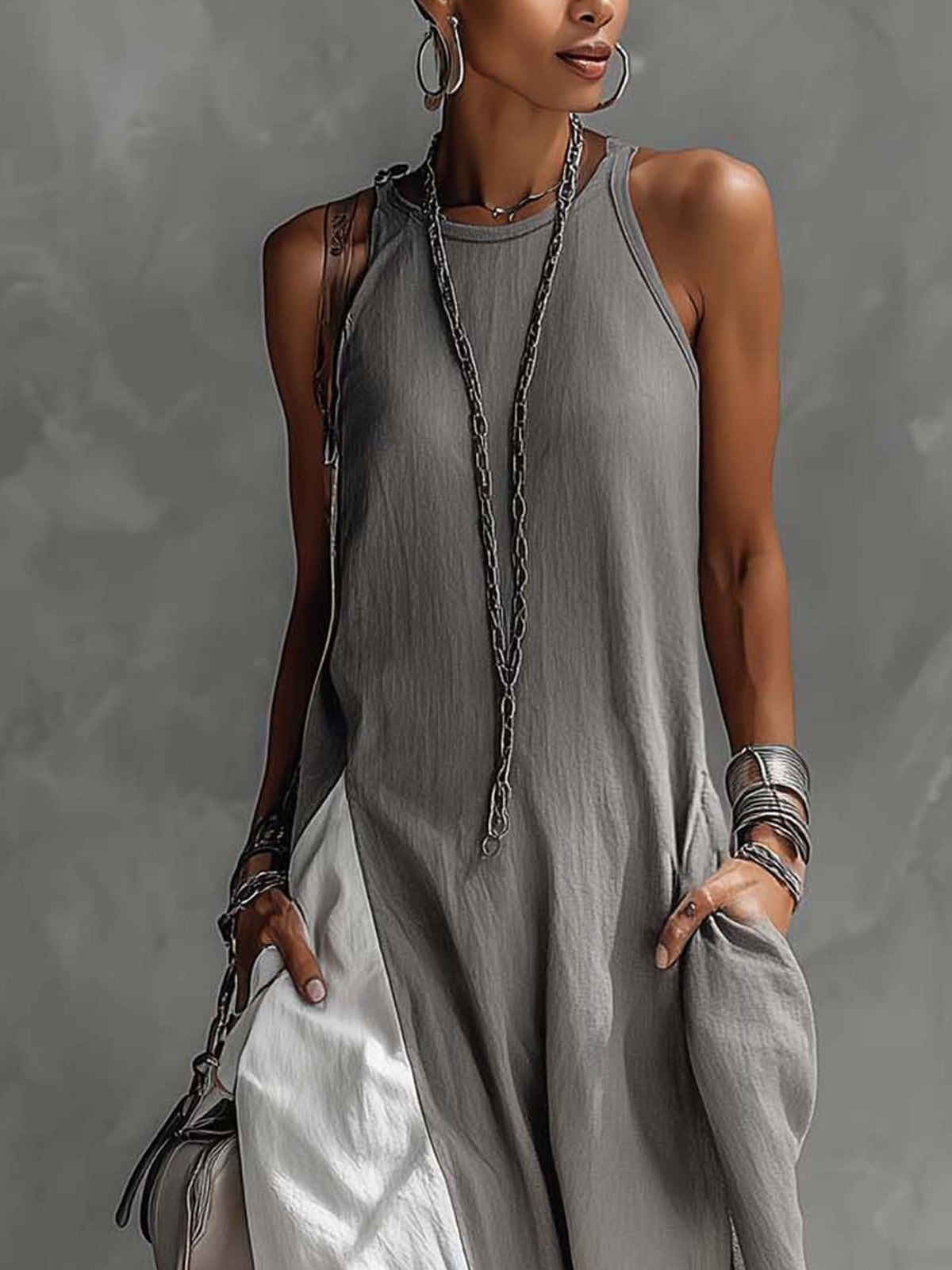 Robe longue sans manches en coton et lin gris à blocs de couleur