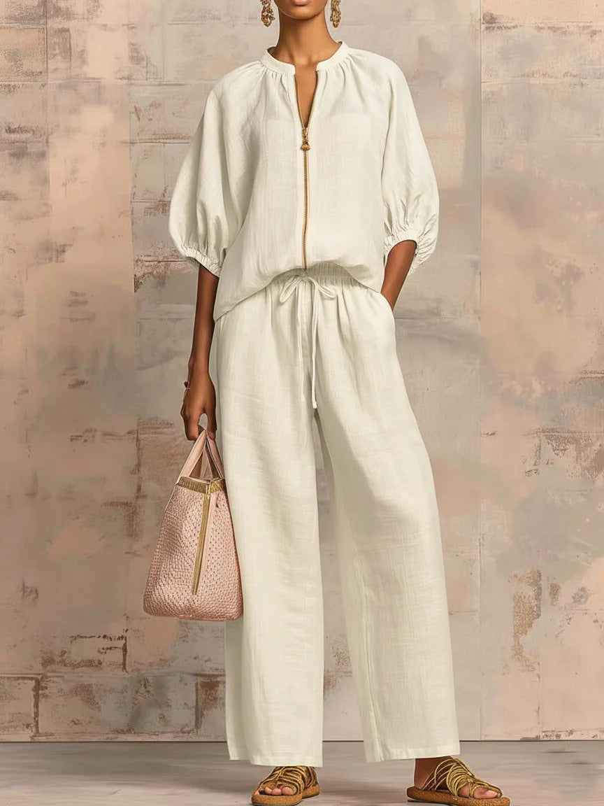 Nouveautés🔥 Ensemble deux‑pièces en lin et coton : chemise zippée élégante et confortable et pantalon à jambes larges