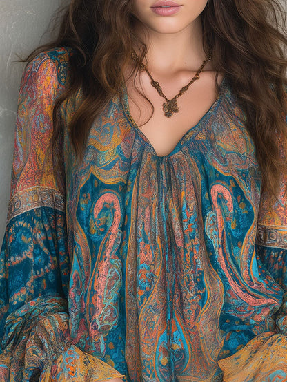 Blouse en mousseline de soie à motif cachemire bohème bleu sarcelle et ambré avec poignets à volants