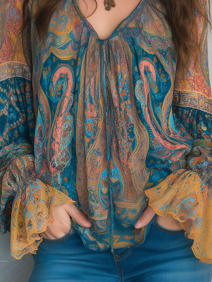 Blouse en mousseline de soie à motif cachemire bohème bleu sarcelle et ambré avec poignets à volants