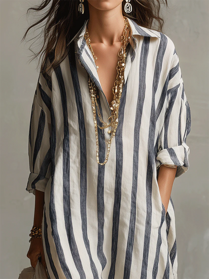 Robe rayée en lin‑coton décontractée et confortable