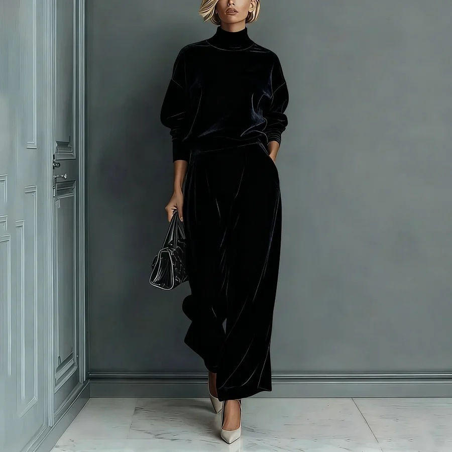 Ensemble haut à manches longues col roulé en velours élégant et pantalon large décontracté avec poches