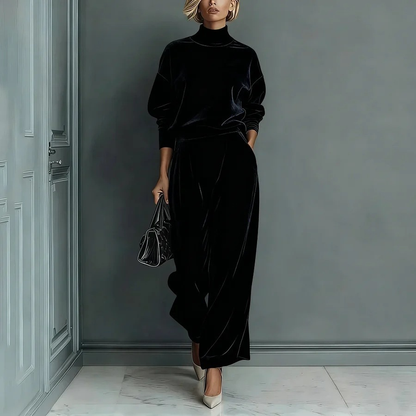 Ensemble haut à manches longues col roulé en velours élégant et pantalon large décontracté avec poches