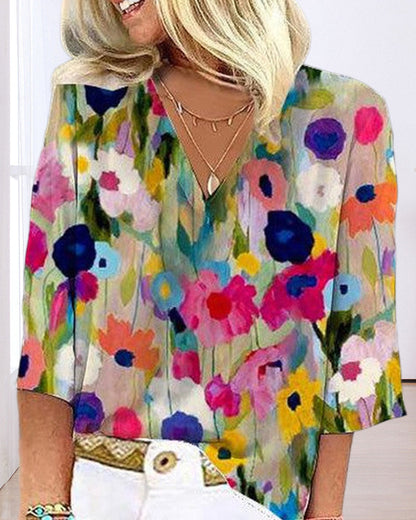 Chemise décontractée à col V, manches trois‑quarts, à imprimé floral coloré