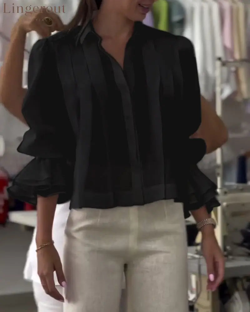 Aumora Puff Sleeve Ruffle Shirt - Black / S