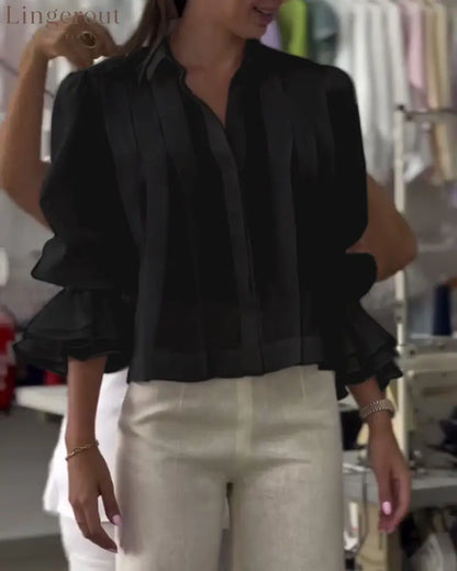 Aumora Puff Sleeve Ruffle Shirt - Black / S