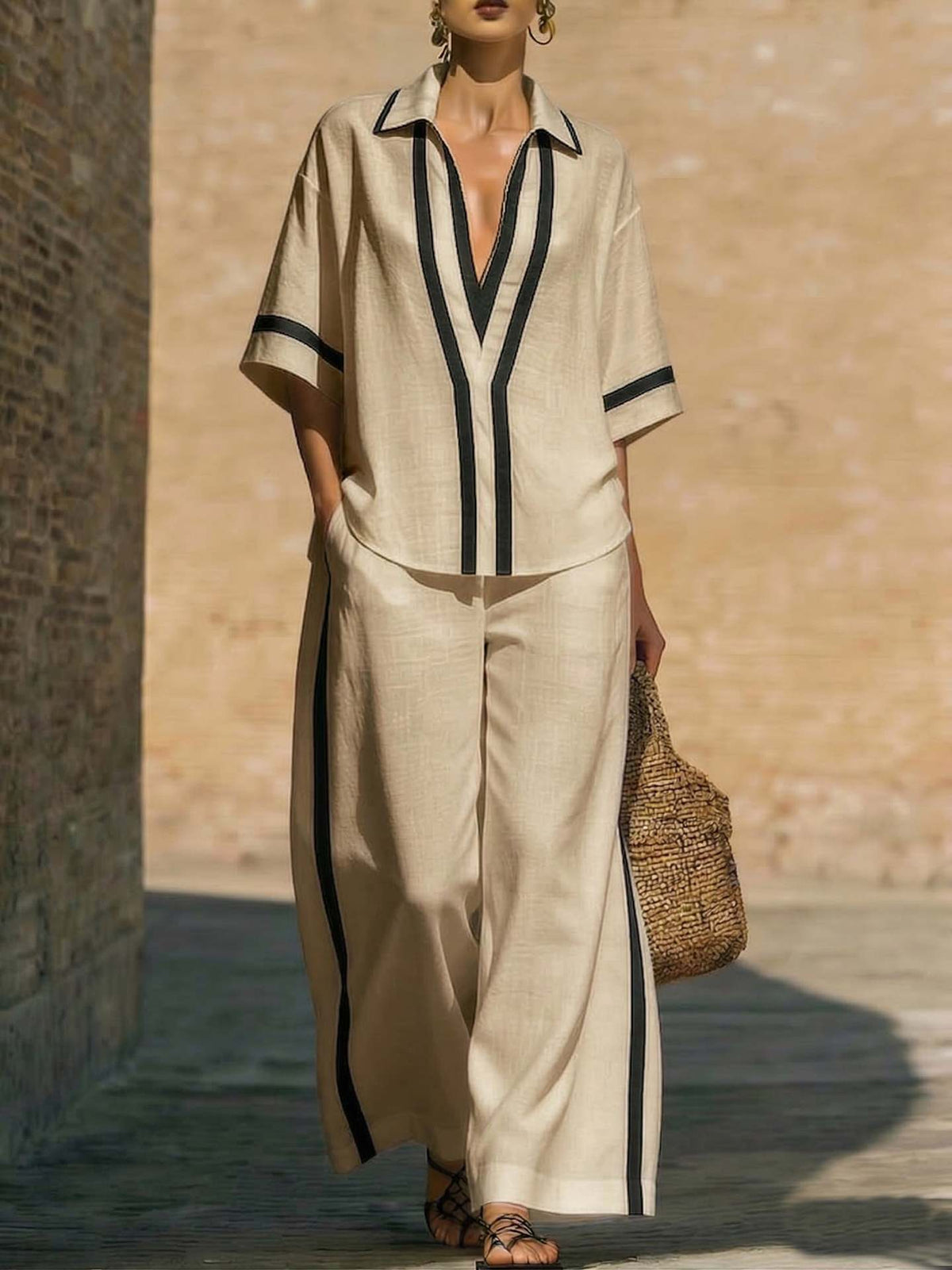 Ensemble deux‑pièces à blocs de couleurs tendance : chemise décontractée à manches courtes et pantalon à jambes larges